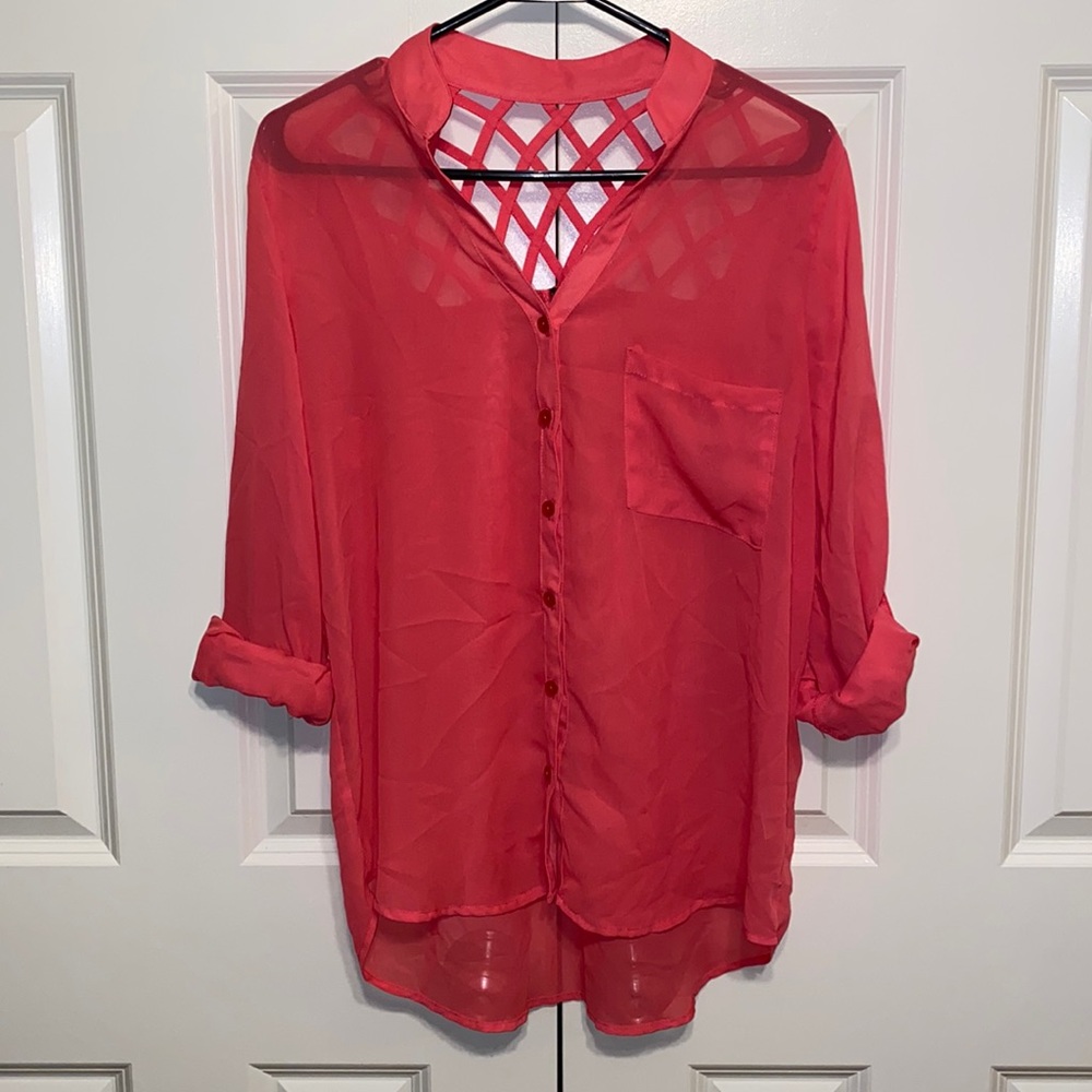 Nollie Lattice Back Button Down Roll Tab Blouse - image 1